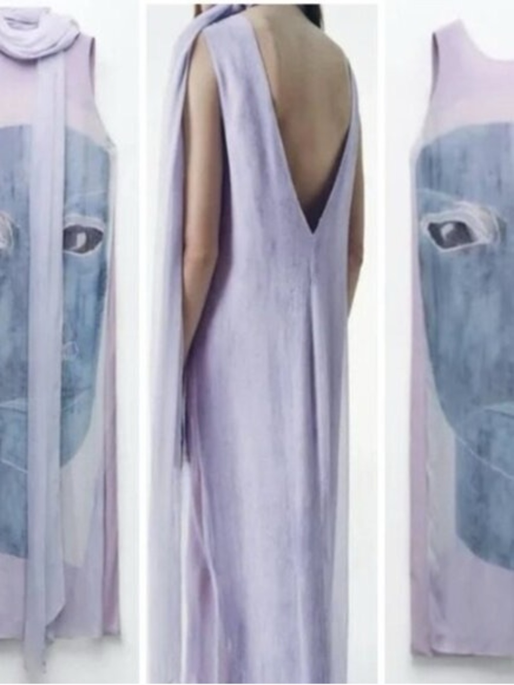 Zara Lavender Sleeveless Maxi Dress with Artistic Face Print and Scarf